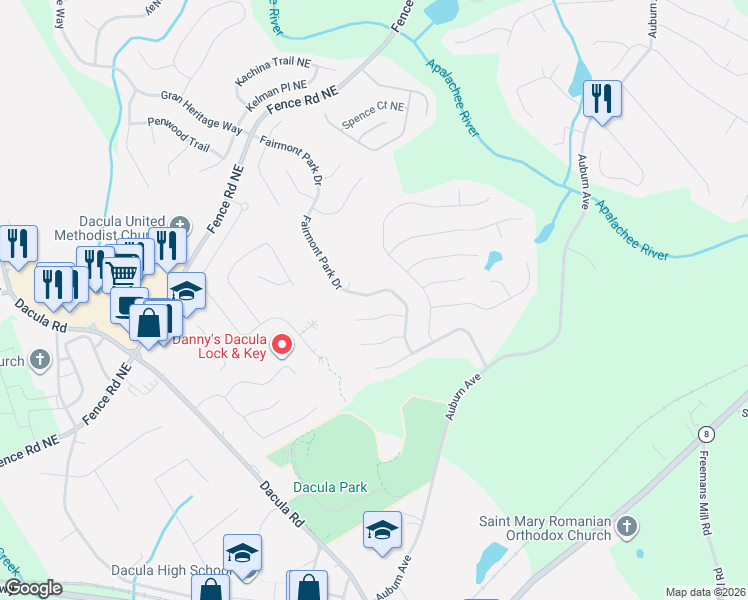 map of restaurants, bars, coffee shops, grocery stores, and more near 742 Fairmont Park Drive in Dacula