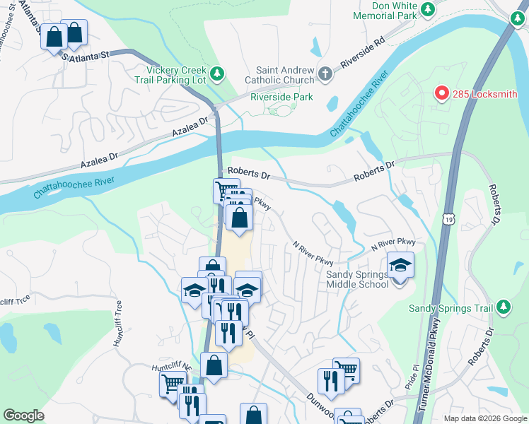 map of restaurants, bars, coffee shops, grocery stores, and more near 355 Winding River Drive in Atlanta