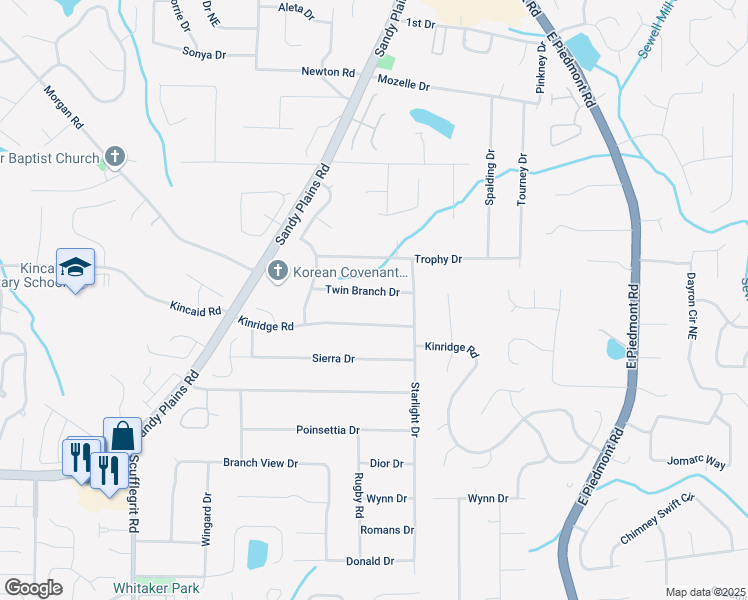 map of restaurants, bars, coffee shops, grocery stores, and more near 1870 Twin Branch Drive in Marietta