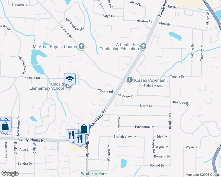 map of restaurants, bars, coffee shops, grocery stores, and more near 1574 Bungalow Park Drive in Marietta