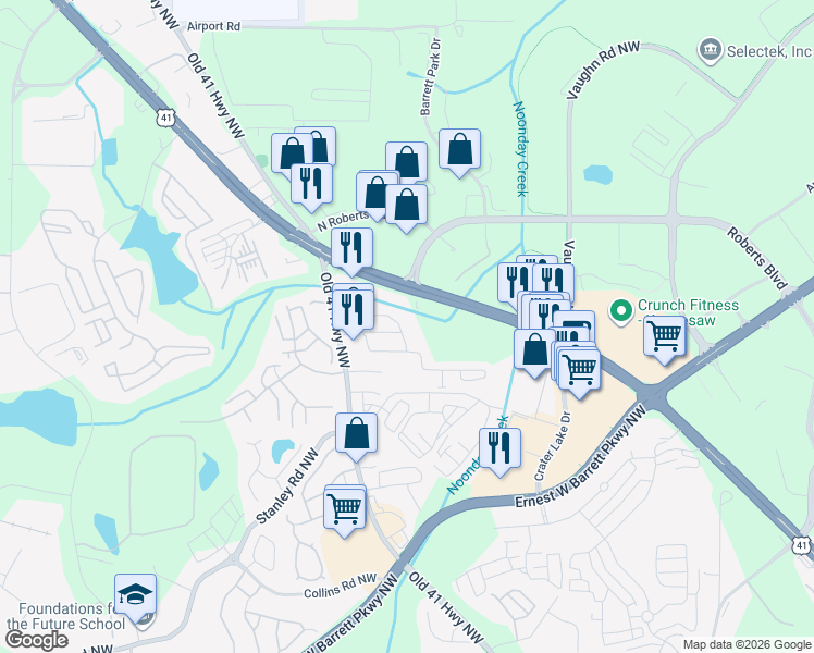map of restaurants, bars, coffee shops, grocery stores, and more near 1540 Silvaner Avenue in Kennesaw
