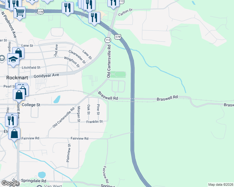map of restaurants, bars, coffee shops, grocery stores, and more near 69 Braswell Road in Rockmart