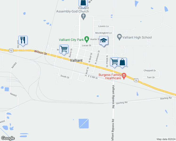 map of restaurants, bars, coffee shops, grocery stores, and more near 4-10 Johnson Street in Valliant