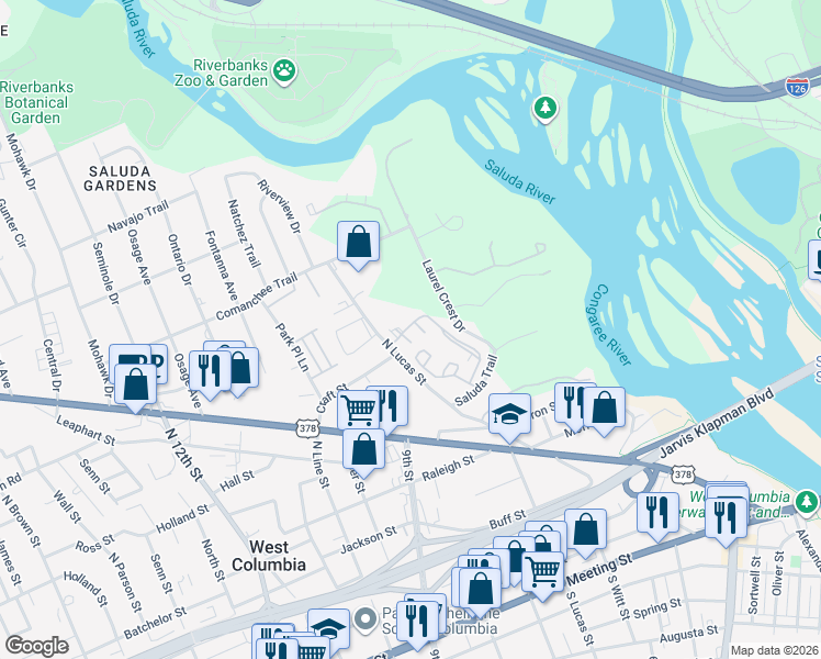 map of restaurants, bars, coffee shops, grocery stores, and more near 100 Riverbend Drive in West Columbia