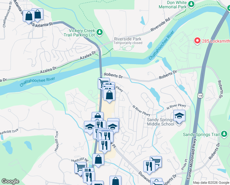 map of restaurants, bars, coffee shops, grocery stores, and more near 365 Winding River Drive in Atlanta