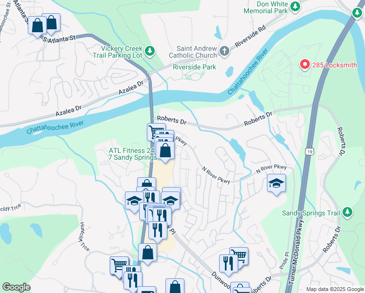 map of restaurants, bars, coffee shops, grocery stores, and more near 355 Winding River Drive in Atlanta