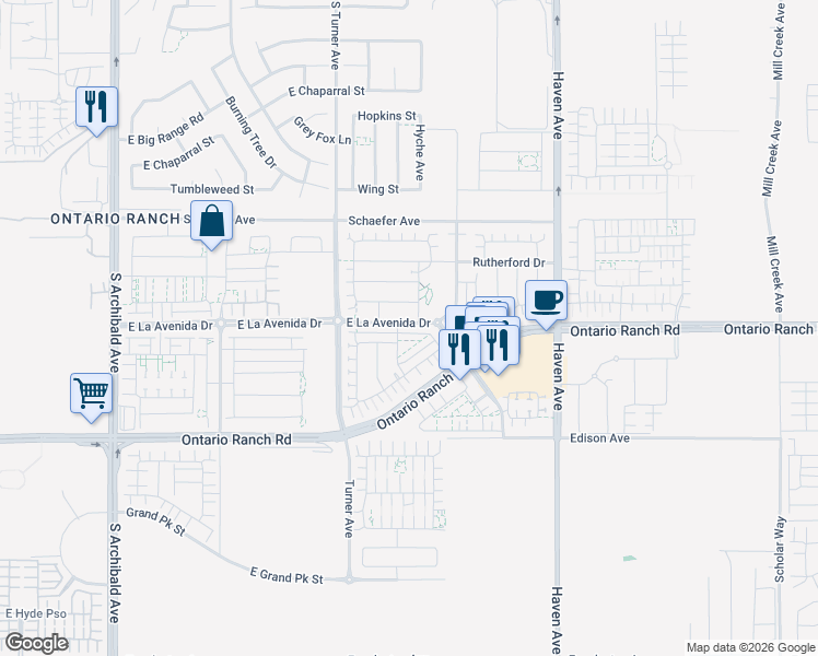 map of restaurants, bars, coffee shops, grocery stores, and more near 3234 East La Avenida Drive in Ontario