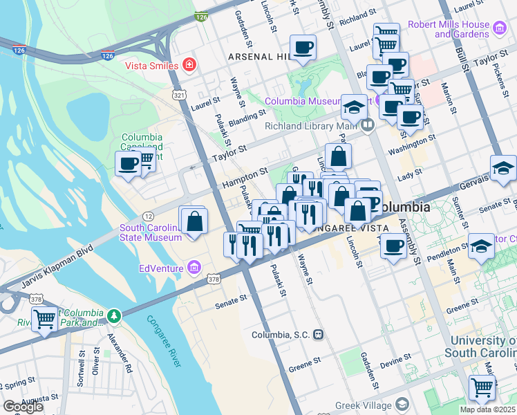 map of restaurants, bars, coffee shops, grocery stores, and more near 106 Pulaski Street in Columbia