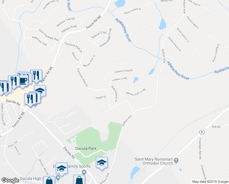 map of restaurants, bars, coffee shops, grocery stores, and more near 260 Ballyshnnon Drive in Dacula