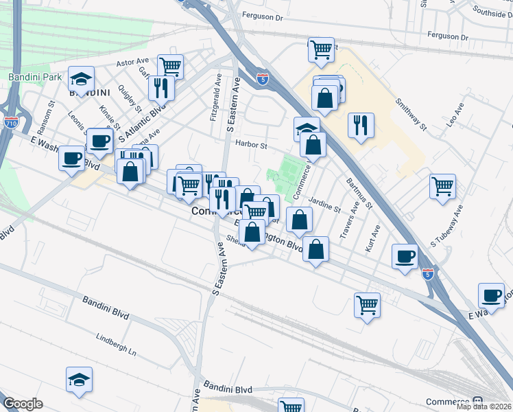 map of restaurants, bars, coffee shops, grocery stores, and more near 2560 Valentina Way in Commerce
