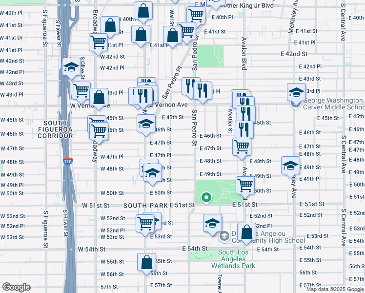 map of restaurants, bars, coffee shops, grocery stores, and more near 289 East 47th Place in Los Angeles