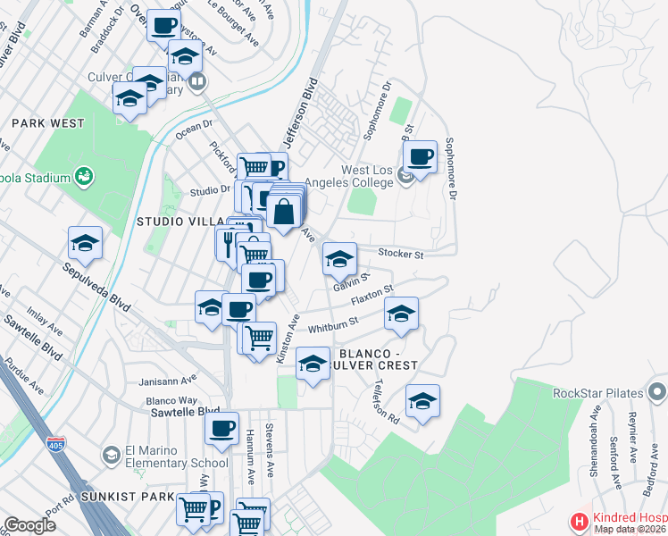 map of restaurants, bars, coffee shops, grocery stores, and more near 10784 Northgate Street in Culver City