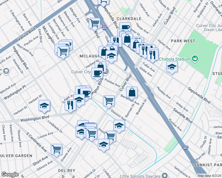 map of restaurants, bars, coffee shops, grocery stores, and more near 4361 Berryman Avenue in Los Angeles
