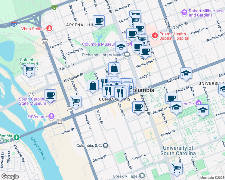 map of restaurants, bars, coffee shops, grocery stores, and more near 1221 Lincoln Street in Columbia