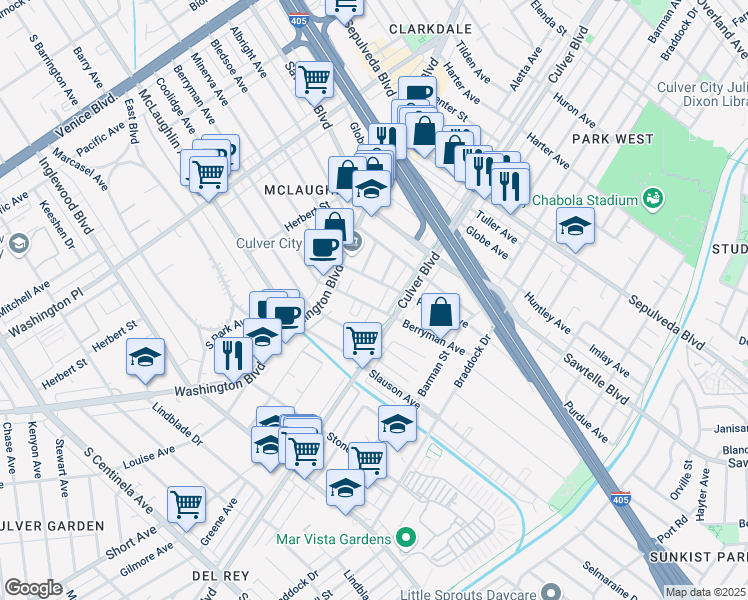 map of restaurants, bars, coffee shops, grocery stores, and more near 4358 Berryman Avenue in Los Angeles