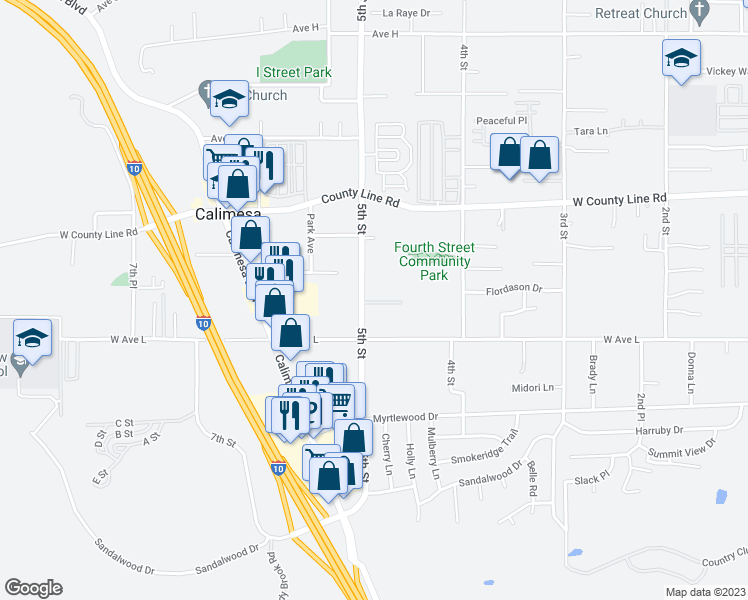 map of restaurants, bars, coffee shops, grocery stores, and more near 492 Buena Vista Road in Calimesa