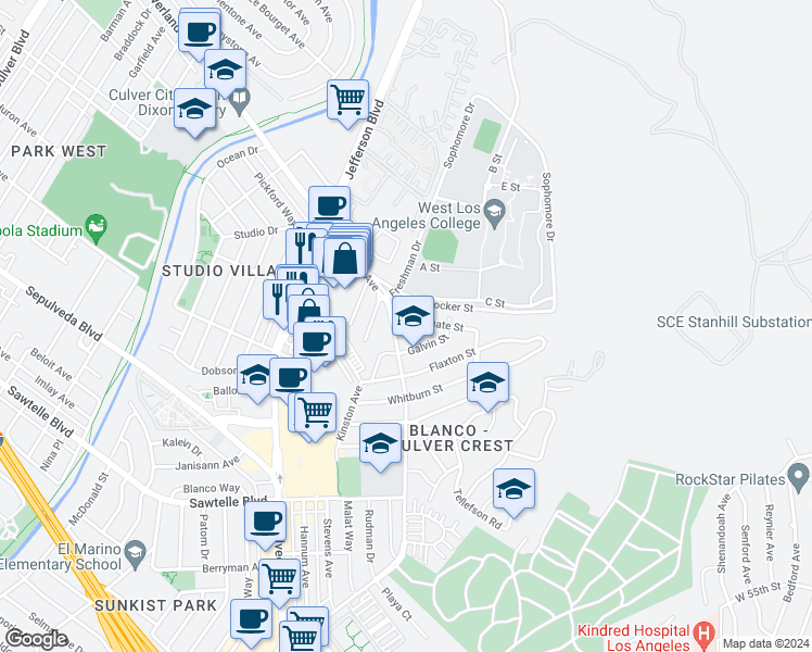 map of restaurants, bars, coffee shops, grocery stores, and more near 10784 Northgate Street in Culver City