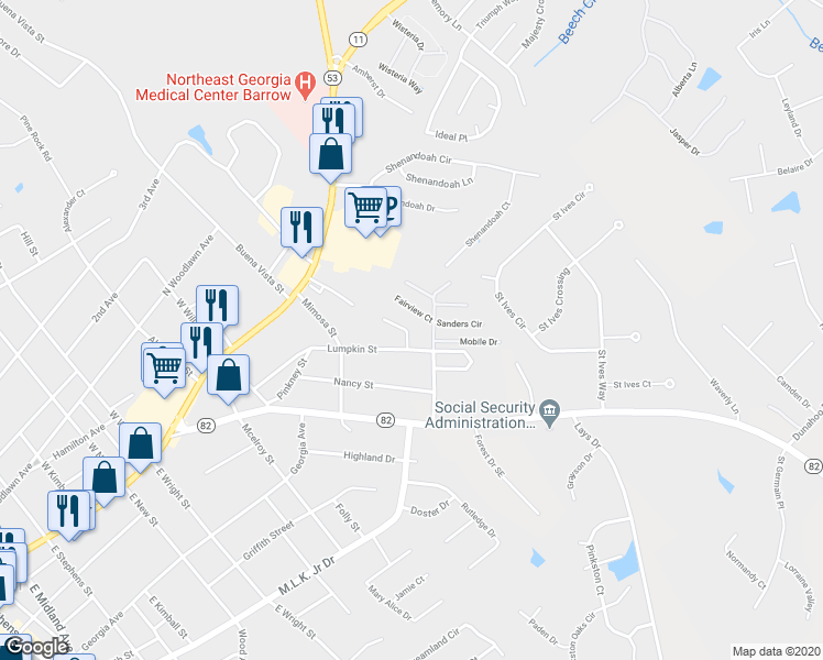 map of restaurants, bars, coffee shops, grocery stores, and more near 405 Missi Lane in Winder