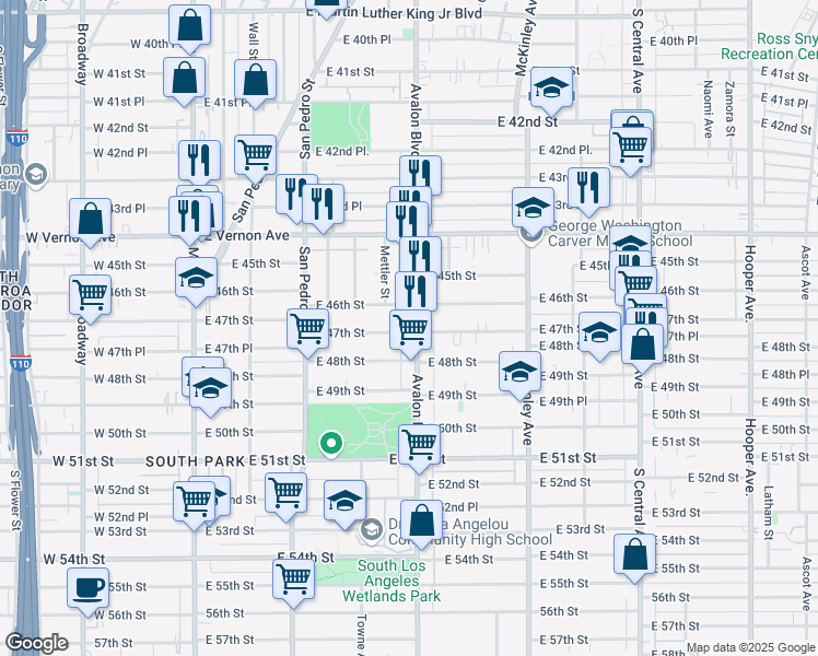 map of restaurants, bars, coffee shops, grocery stores, and more near 512 East 47th Street in Los Angeles