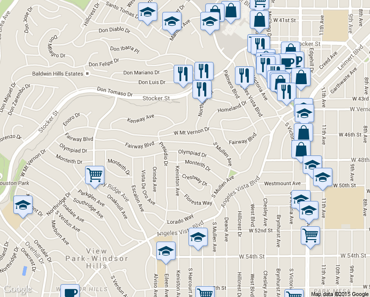 map of restaurants, bars, coffee shops, grocery stores, and more near 3845 Olympiad Drive in View Park-Windsor Hills