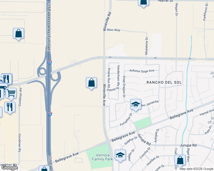 map of restaurants, bars, coffee shops, grocery stores, and more near 4875 Prairie Run Road in Jurupa Valley