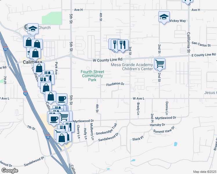map of restaurants, bars, coffee shops, grocery stores, and more near 377 Flordason Drive in Calimesa