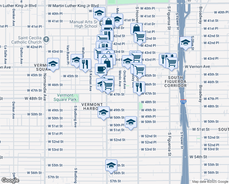 map of restaurants, bars, coffee shops, grocery stores, and more near 938 1/2 West 47th Street in Los Angeles