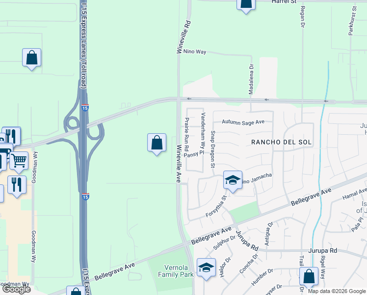 map of restaurants, bars, coffee shops, grocery stores, and more near 4875 Prairie Run Road in Jurupa Valley