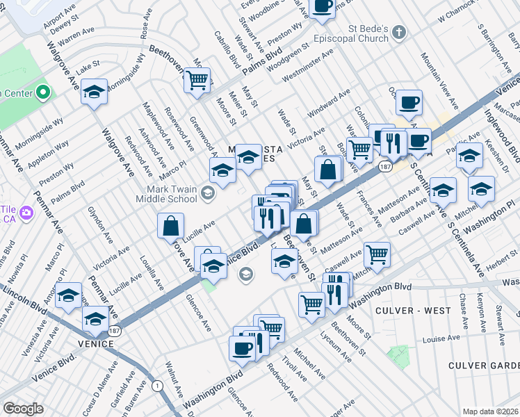 map of restaurants, bars, coffee shops, grocery stores, and more near 12912 McCune Avenue in Los Angeles