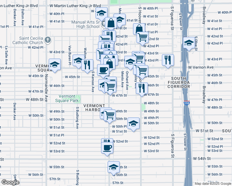 map of restaurants, bars, coffee shops, grocery stores, and more near 938 1/2 West 47th Street in Los Angeles