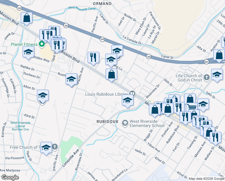 map of restaurants, bars, coffee shops, grocery stores, and more near 5920 Mission Boulevard in Riverside