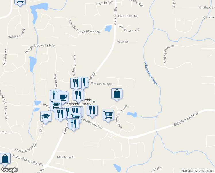 map of restaurants, bars, coffee shops, grocery stores, and more near 5077 Newpark Drive Northwest in Acworth