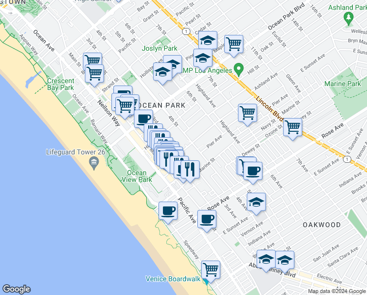 map of restaurants, bars, coffee shops, grocery stores, and more near 301 Ashland Avenue in Santa Monica
