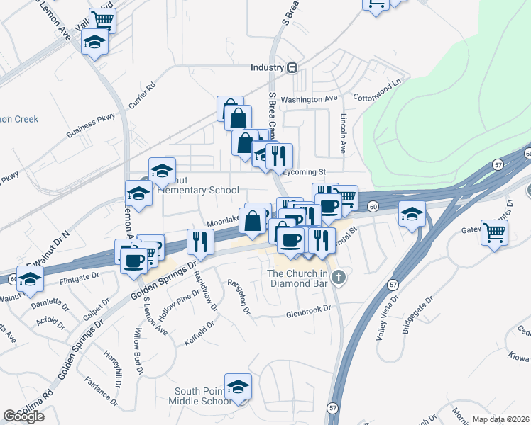 map of restaurants, bars, coffee shops, grocery stores, and more near 20922 Moonlake Street in Walnut
