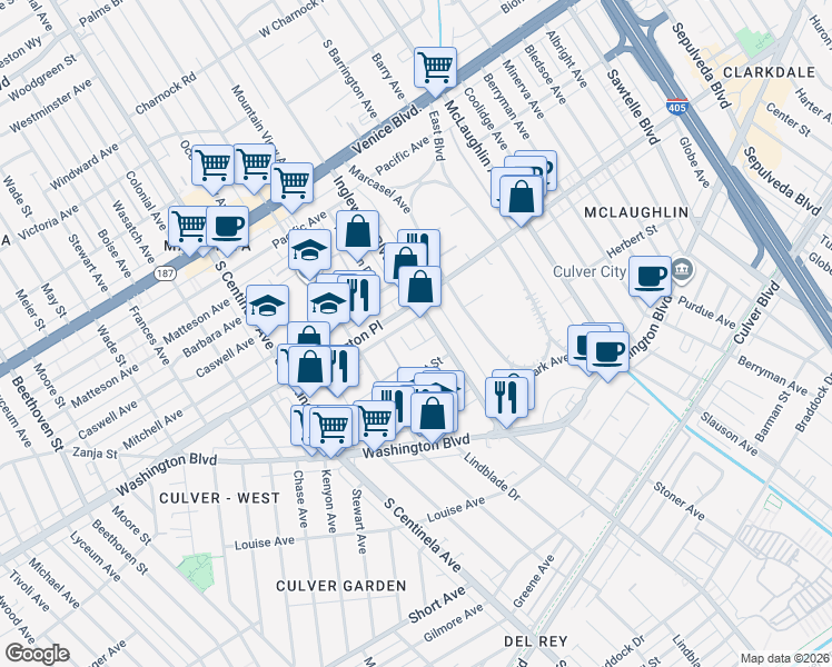 map of restaurants, bars, coffee shops, grocery stores, and more near 12012 Lamanda Street in Los Angeles