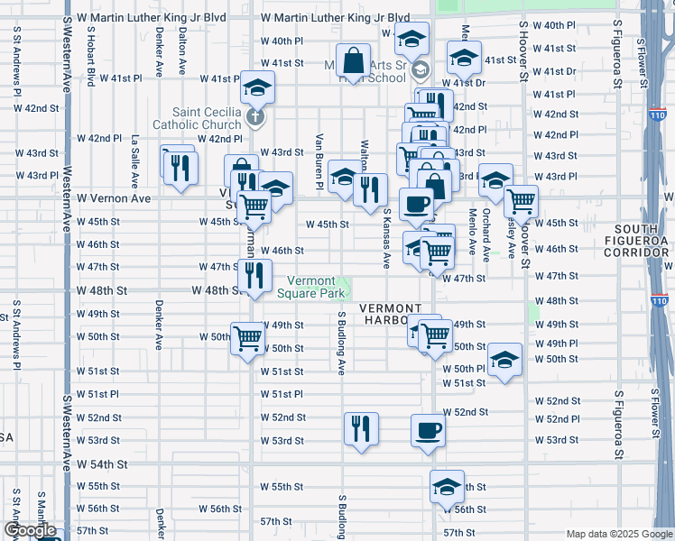 map of restaurants, bars, coffee shops, grocery stores, and more near 1201 West 47th Street in Los Angeles