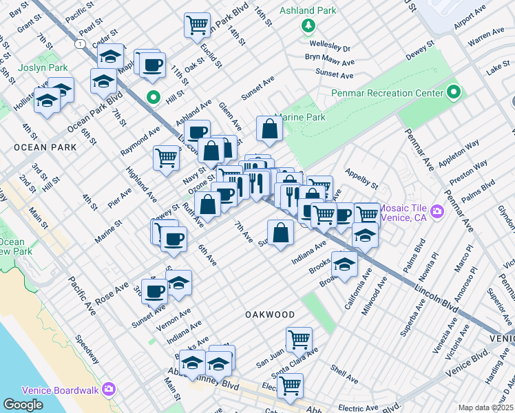 map of restaurants, bars, coffee shops, grocery stores, and more near 738 Rose Avenue in Los Angeles