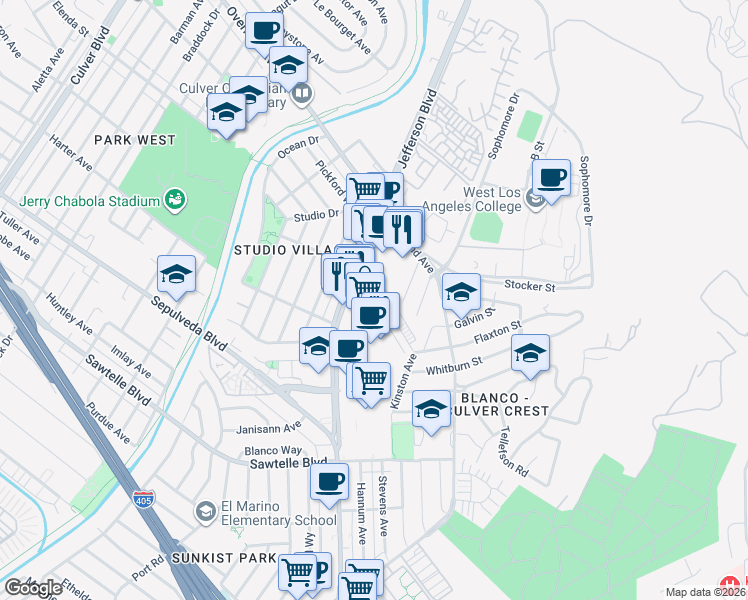 map of restaurants, bars, coffee shops, grocery stores, and more near 5427 Kinston Avenue in Culver City