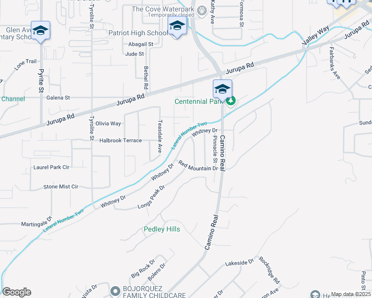 map of restaurants, bars, coffee shops, grocery stores, and more near 7642 Whitney Drive in Riverside