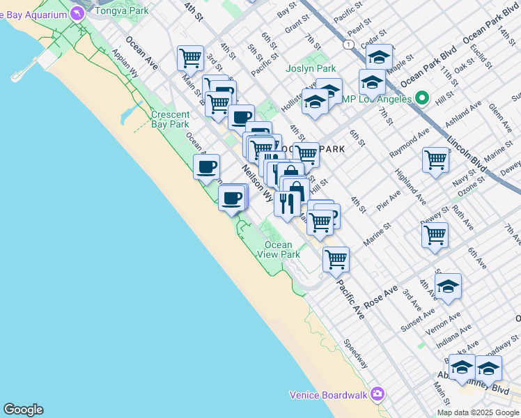 map of restaurants, bars, coffee shops, grocery stores, and more near 10 Ocean Park Boulevard in Santa Monica