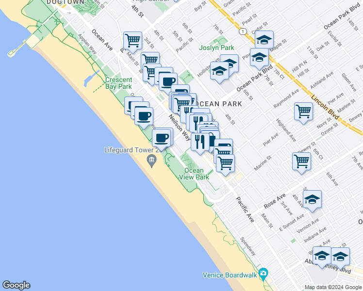 map of restaurants, bars, coffee shops, grocery stores, and more near 10 Ocean Park Boulevard in Santa Monica
