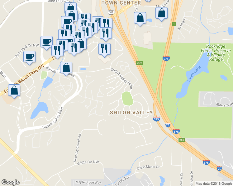 map of restaurants, bars, coffee shops, grocery stores, and more near 1943 Hoods Fort Circle Northwest in Kennesaw