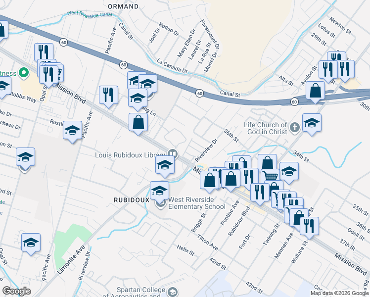map of restaurants, bars, coffee shops, grocery stores, and more near 5803 Mission Boulevard in Riverside