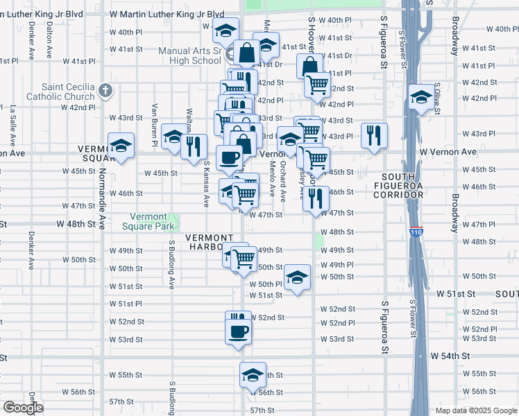 map of restaurants, bars, coffee shops, grocery stores, and more near 938 1/2 West 47th Street in Los Angeles