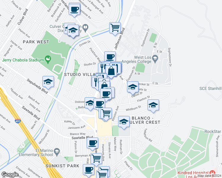 map of restaurants, bars, coffee shops, grocery stores, and more near 5467 Kinston Avenue in Culver City