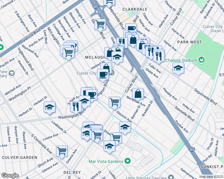map of restaurants, bars, coffee shops, grocery stores, and more near 4361 Berryman Avenue in Los Angeles