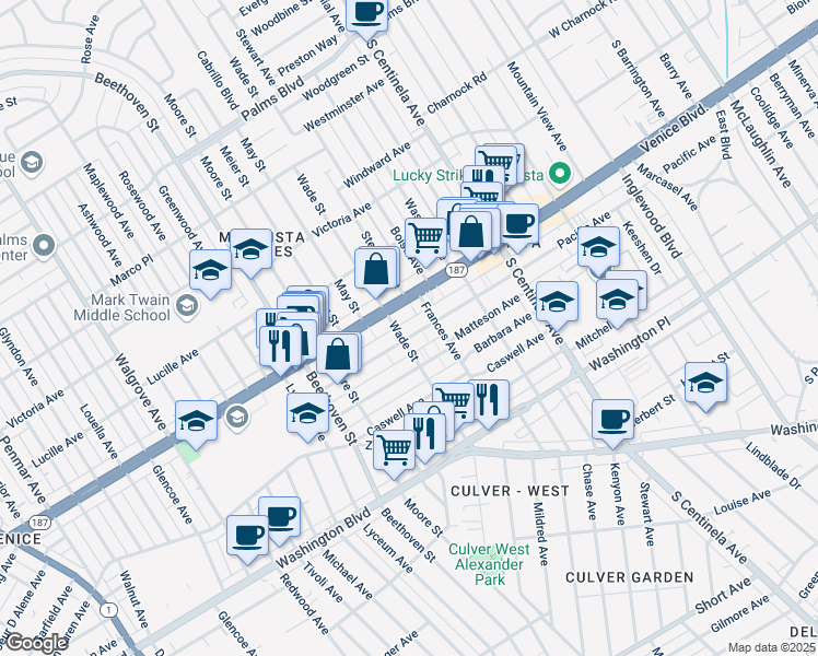 map of restaurants, bars, coffee shops, grocery stores, and more near 12634 Pacific Avenue in Los Angeles