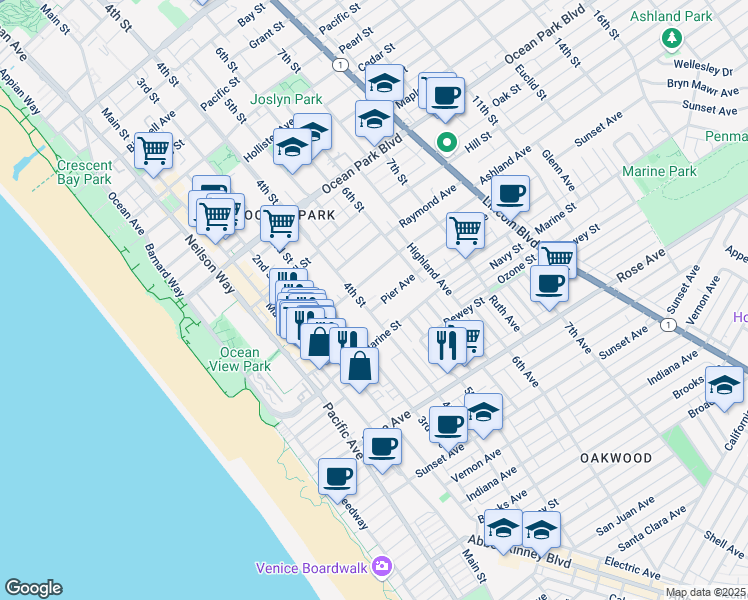 map of restaurants, bars, coffee shops, grocery stores, and more near in Santa Monica