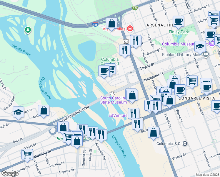 map of restaurants, bars, coffee shops, grocery stores, and more near Klapman Boulevard in Columbia