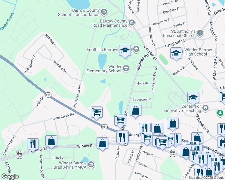 map of restaurants, bars, coffee shops, grocery stores, and more near 135 Mears Street in Winder